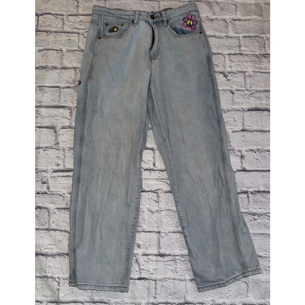 BUTTER Goods Relaxed Fit Men’s Light Wash Flower Jeans Peace Sign Size 30x28